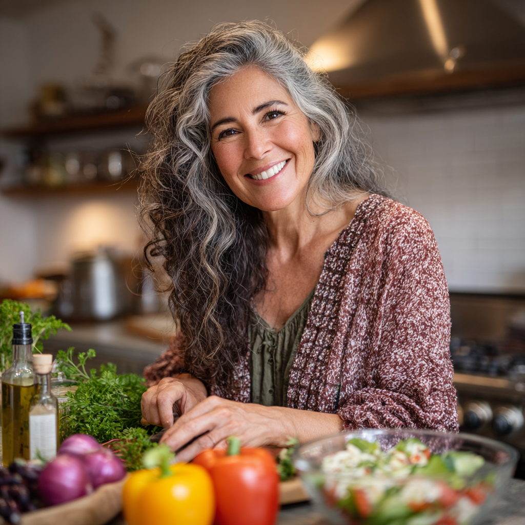 Mujer de 55 años sonriendo mientras prepara una ensalada colorida en su cocina moderna, mostrando vitalidad y bienestar