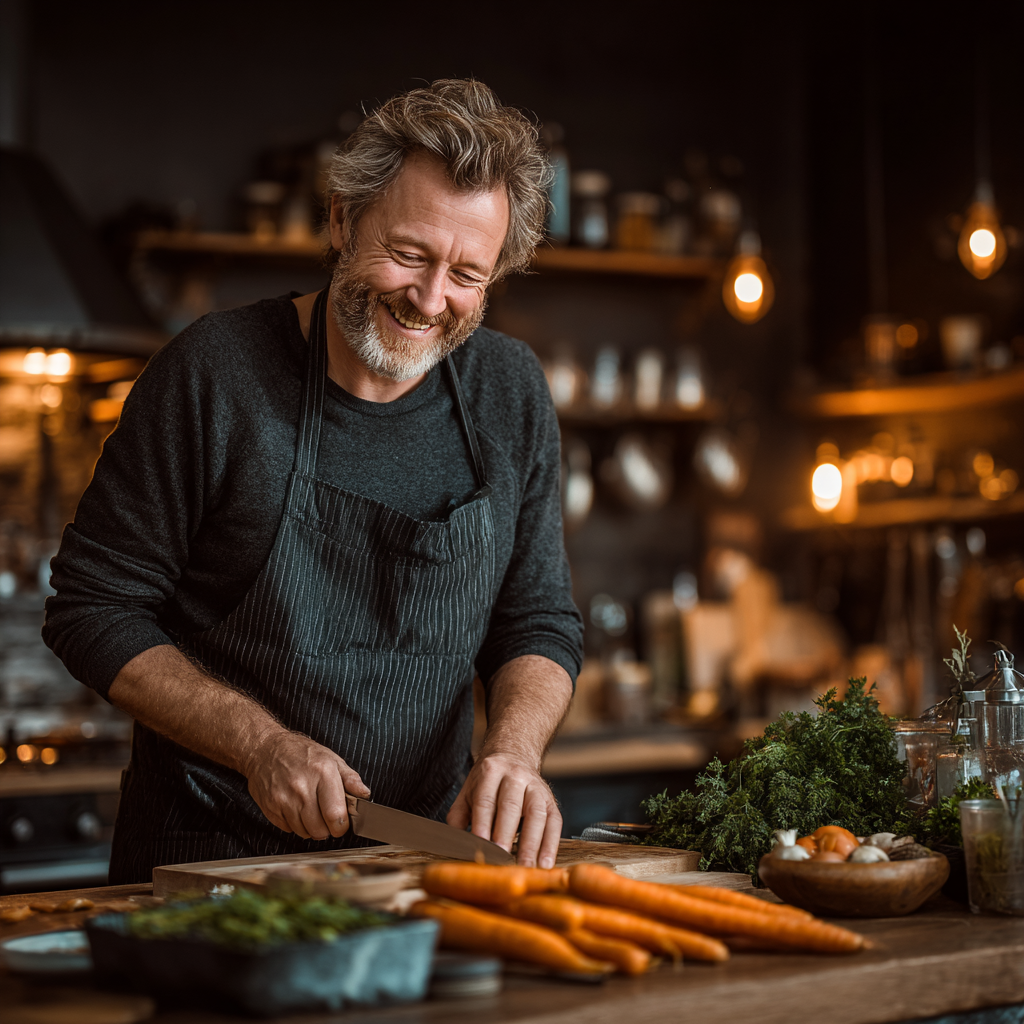 Hombre de 58 años cocinando una comida balanceada en su cocina, sonriendo mientras corta verduras frescas, mostrando satisfacción y energía