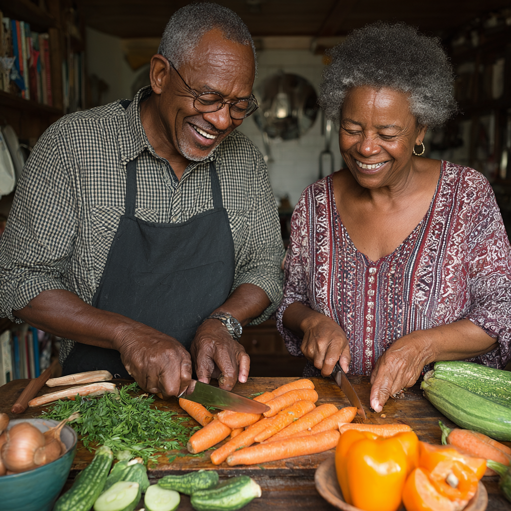 Pareja de 60 años preparando juntos una comida saludable, sonriendo y disfrutando del proceso de cocinar verduras frescas